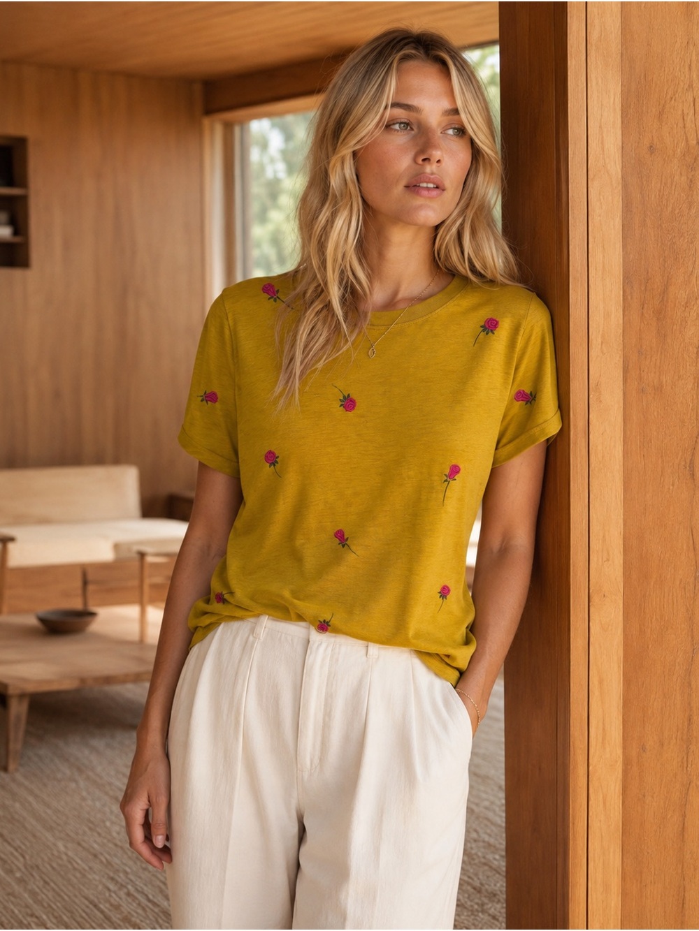 J. Crew Mustard Yellow Short Sleeve Tee with Pink Floral Embroidery